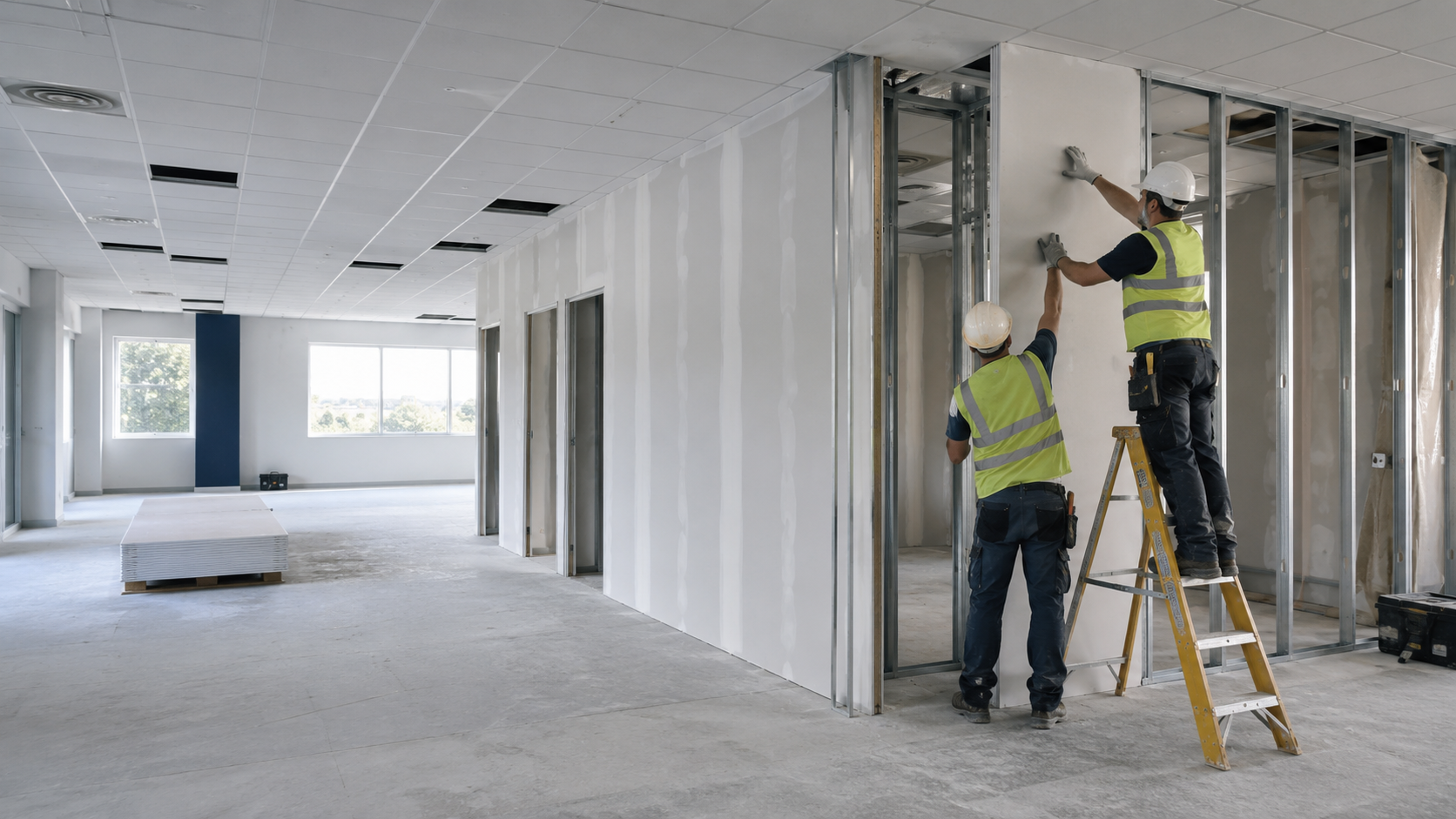 Two installers in high-visibility vests and hard hats fitting metal stud partition framing and dry lining in a modern open-plan commercial office interior