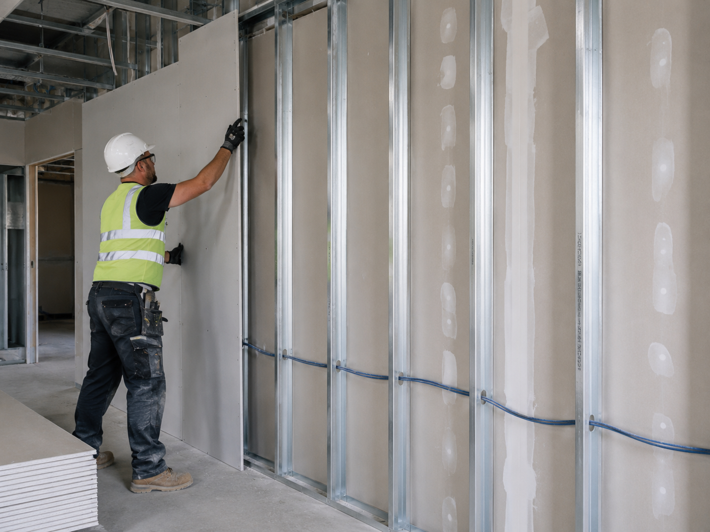 Installer fitting plasterboard dry lining to a metal stud wall in a commercial building