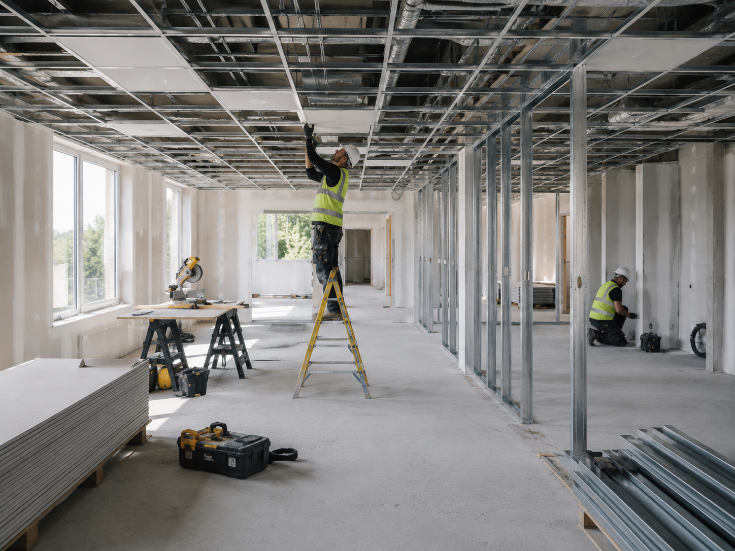 Installers carrying out ceiling and partition work during a commercial fit-out