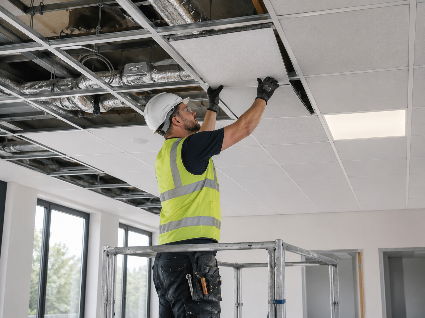 Installer fitting a suspended ceiling tile from a work platform